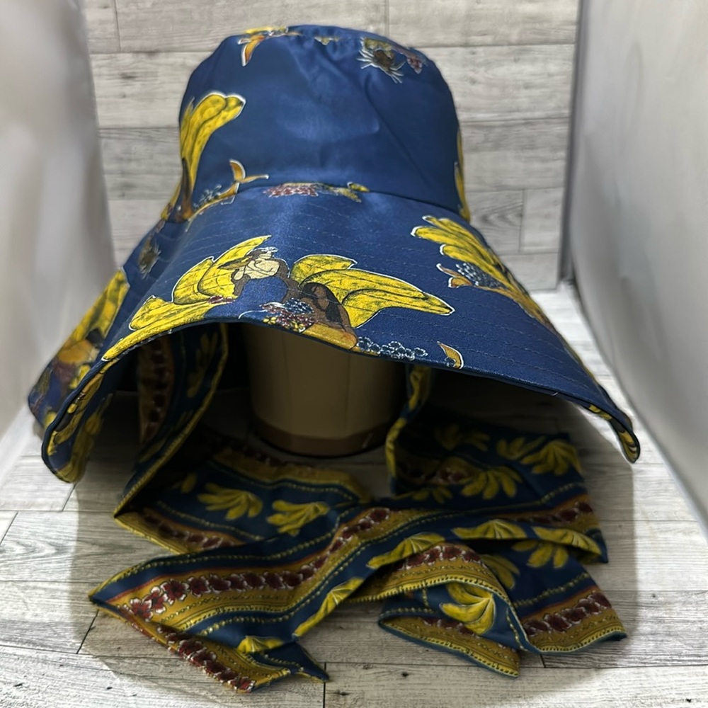 FARM Rio Blue Hat with Yellow Banana Print and Printed Ties NWOT